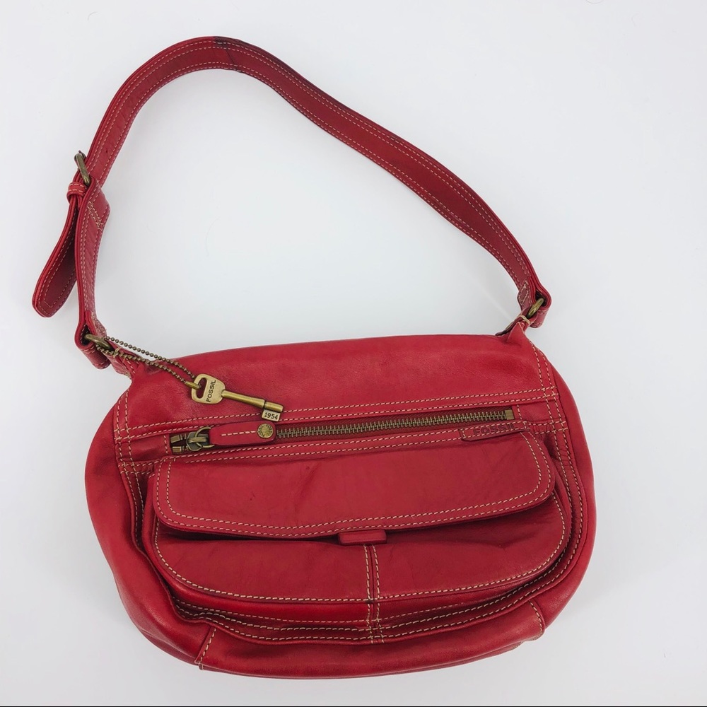 Fossil Red Leather Shoulder Purse EUC